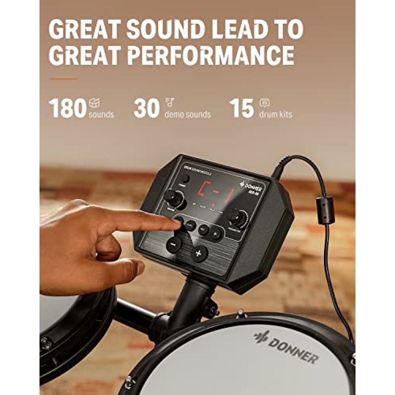 Donner DED-80 전자 드럼 세트, 초보자용 전기 드럼 세트(콰이어트 메쉬 드럼 패드 4개, 스위치 페달 2개, 180개 이상의 사운드, 왕좌, 온이어 헤드폰, 스틱 및 멜로디 레슨 포함) 블랙