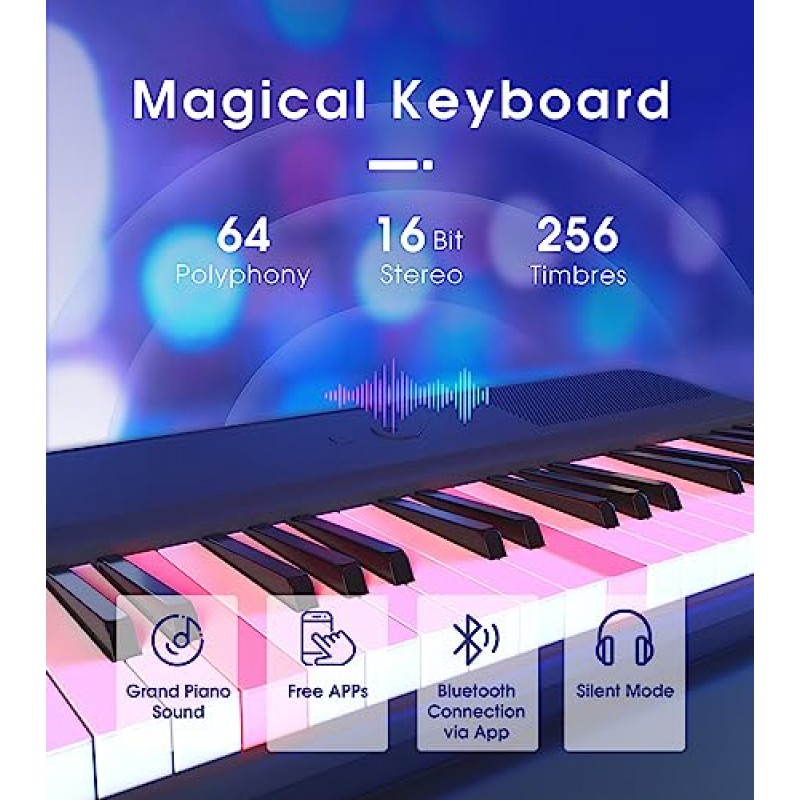 ONE Smart Keyboard COLOR 61 조명 건반 피아노 키보드, 256개 음색, 64 동시발음수, 내장 LED 조명 및 무료 앱을 갖춘 초보자용 디지털 피아노(핑크)