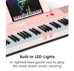 ONE Smart Keyboard COLOR 61 조명 건반 피아노 키보드, 256개 음색, 64 동시발음수, 내장 LED 조명 및 무료 앱을 갖춘 초보자용 디지털 피아노(핑크)