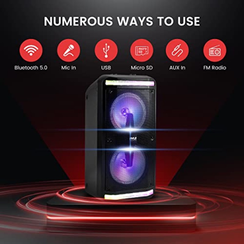 Pyle 휴대용 블루투스 PA 스피커 시스템 - 600W 충전식 실내/실외 블루투스 스피커 휴대용 PA 시스템, 녹음기, 마이크, 파티 조명, AUX, 라디오, 리모컨 포함 - Pyle PPHP288B
