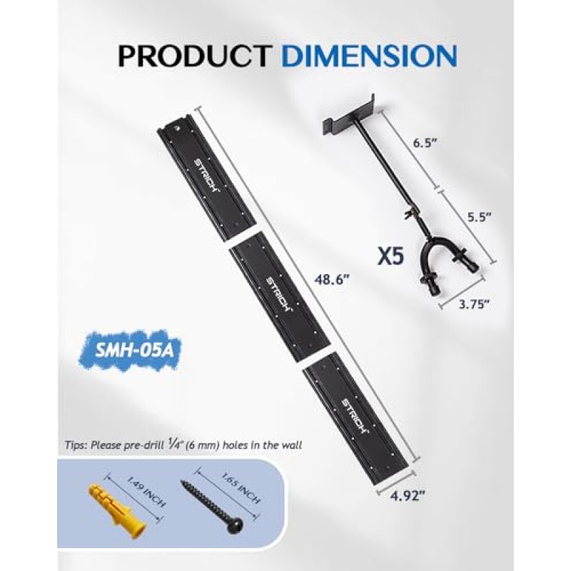 여러 기타용 STRICH 기타 벽걸이 걸이, 기타 5개 고정, 견고한 알루미늄 금속 기타 스탠드 랙 베이스 홀더, 조정 가능한 악기 디스플레이 세트, SMH-05A