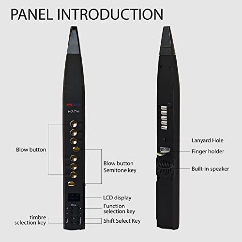 INGPARTNER i8 디지털 관악기, 전기 관악기 휴대용 전자 관악기, 디지털 악기 89 톤 탈착식 노즐 충전식 배터리 USB MIDI 연결 검정색