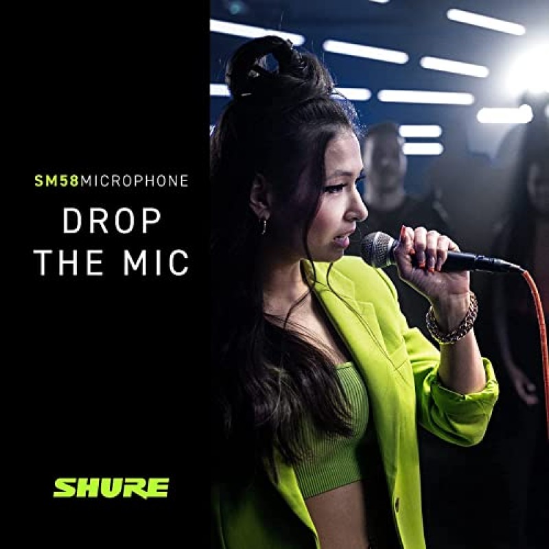 공압식 쇼크 마운트가 포함된 Shure SM58 카디오이드 다이나믹 보컬 마이크, 팝 필터가 내장된 구형 메쉬 그릴, A25D 마이크 클립, 보관 가방, 3핀 XLR 커넥터, 케이블이 포함되지 않음(SM58-LC)