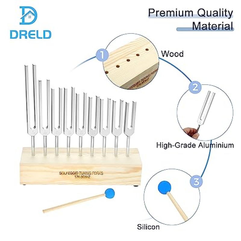 솔페지오 소리굽쇠 세트, 망치와 나무 스탠드가 있는 치유 명상 요가 이완 악기용 소리굽쇠 차크라 9개 세트(174Hz, 285Hz, 396Hz, 417Hz, 528Hz, 639Hz 등)