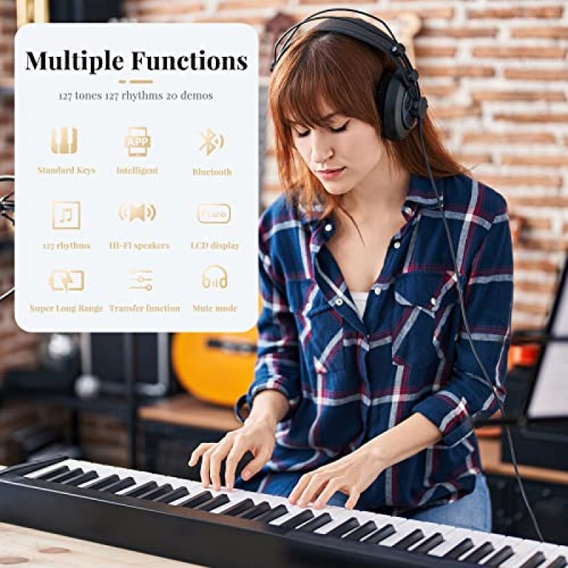 Soulmate 접이식 피아노 61키 키보드 피아노 세미 웨이트 키 휴대용 전자 피아노, 블루투스 및 미디, 초보자용 가방 접이식 키보드 피아노, 블랙
