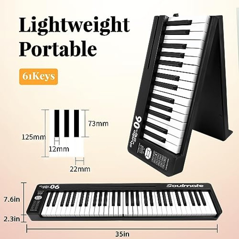 Soulmate 접이식 피아노 61키 키보드 피아노 세미 웨이트 키 휴대용 전자 피아노, 블루투스 및 미디, 초보자용 가방 접이식 키보드 피아노, 블랙