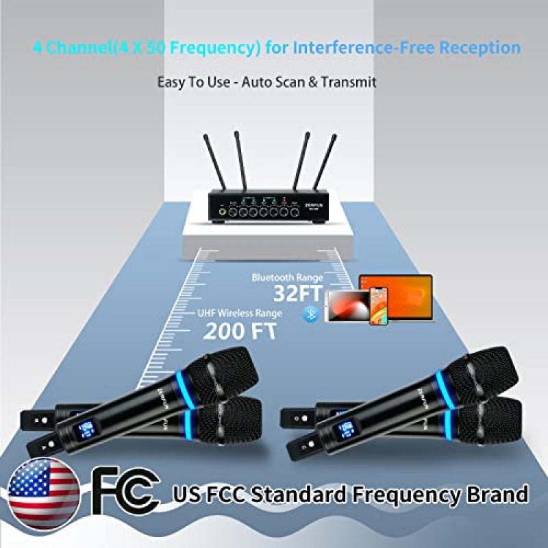 ZERFUN MU-898 충전식 무선 마이크 시스템 4 채널, UHF 금속 가라오케 마이크 노래하는 교회용 무선 프로 핸드헬드, 블루투스 에코 볼륨 조절, 4x50 주파수, 1/8,1/4 출력