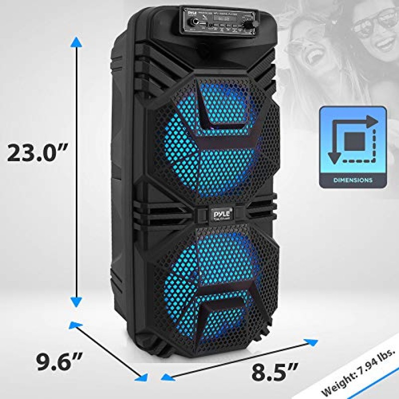 Pyle 휴대용 블루투스 PA 스피커 시스템, 600W 충전식 야외 블루투스 스피커 휴대용 PA 시스템, 듀얼 8인치 서브우퍼 1인치 트위터, 마이크 입력, 파티 조명, USB, 라디오, 리모컨 포함