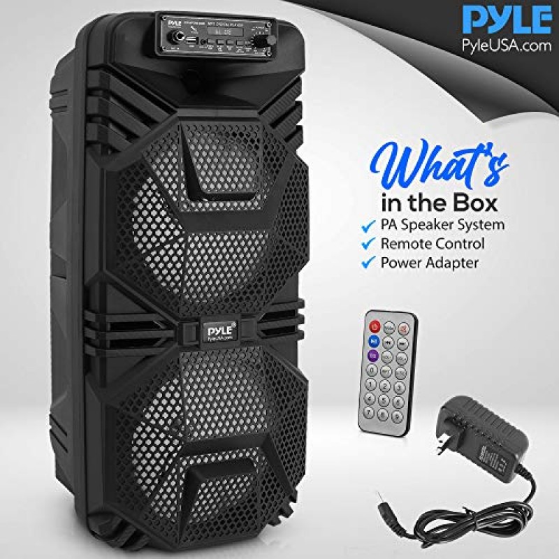 Pyle 휴대용 블루투스 PA 스피커 시스템, 600W 충전식 야외 블루투스 스피커 휴대용 PA 시스템, 듀얼 8인치 서브우퍼 1인치 트위터, 마이크 입력, 파티 조명, USB, 라디오, 리모컨 포함