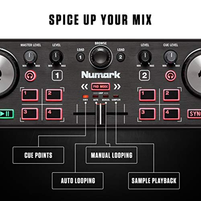 Numark DJ2GO2 터치 – 믹서/크로스페이더, 오디오 인터페이스 및 터치 용량성 조그 휠을 갖춘 Serato DJ용 컴팩트 2 데크 USB DJ 컨트롤러