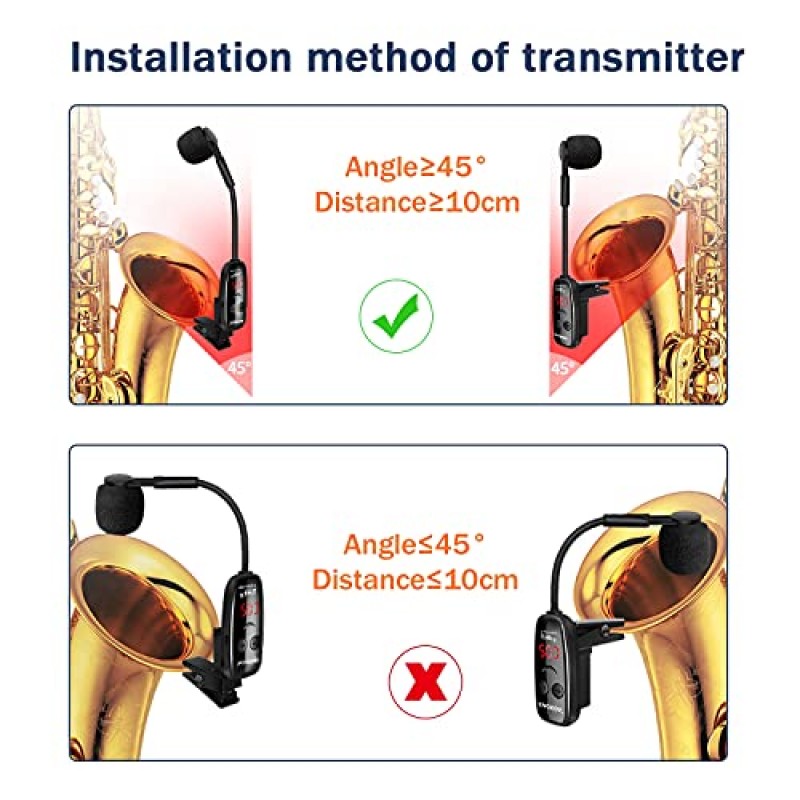 XIAOKOA UHF 무선 악기 마이크, 색소폰 마이크, 무선 수신기 및 송신기, 160ft 범위, 플러그 앤 플레이, 트럼펫, 클라리넷, 첼로에 적합