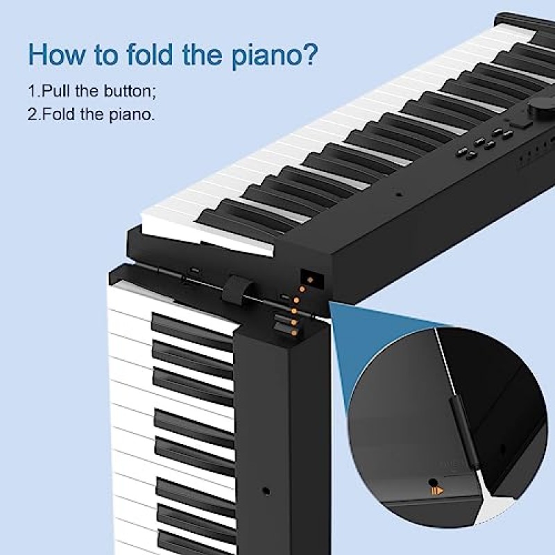 풀 사이즈 키보드 피아노 접이식 피아노, Veetop 88 키 키보드 디지털 피아노 우드 그레인 터치 감지 키보드, Bluetooth MIDI, 초보자 및 여행용 전기 휴대용 피아노(검은색)