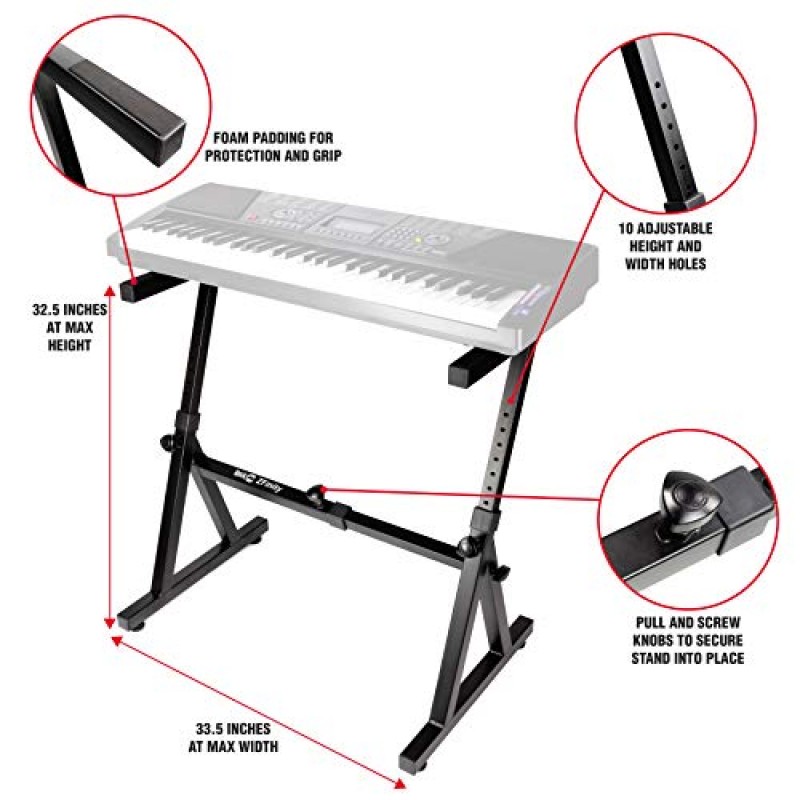 RockJam KB100 조정 가능한 패딩 키보드 벤치, X 스타일, 블랙 & RockJam Z 스타일 조정 가능 및 휴대용 헤비 듀티 뮤직(54-88 키 전자 피아노에 적합) 전자 키보드 스탠드(RJZZ363)