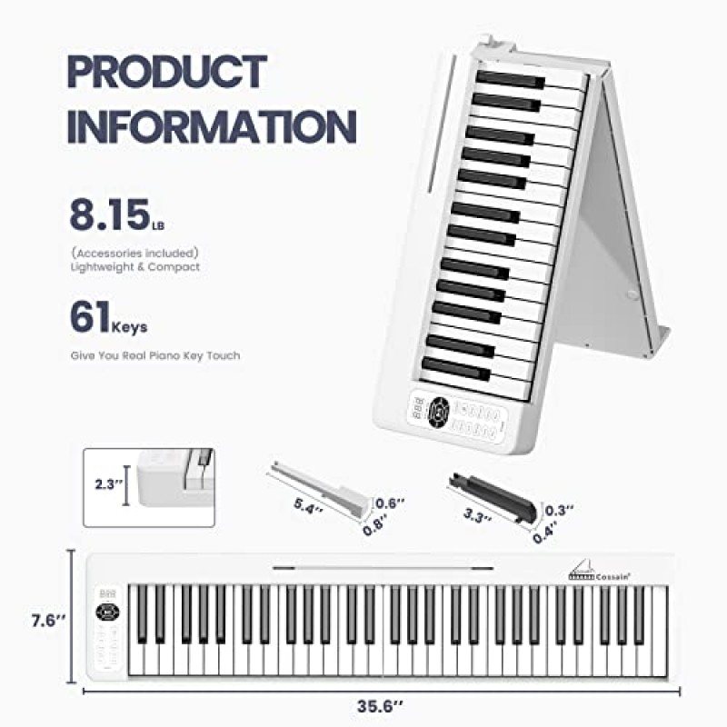 COSSAIN 피아노 키보드 61건, 접이식 디지털 피아노(라이트업 키 포함), 세미 웨이트 및 블루투스 MIDI 휴대용 피아노 키보드(초보자, 청소년, 성인용)(피아노 가방, 스탠드 포함)