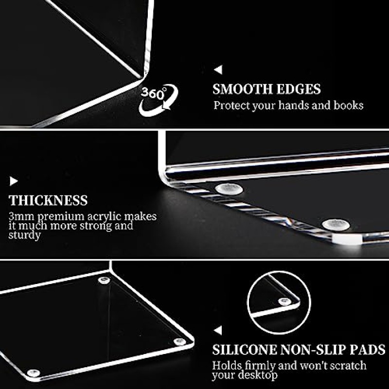 책 끝, 아크릴 북엔드, 선반용 투명 책 홀더, 도서관 사무실 학교용 실리콘 미끄럼 방지 매트 24개(5*5 * 7.3인치 3mm 두께 3쌍/6개)가 포함된 책 정리함