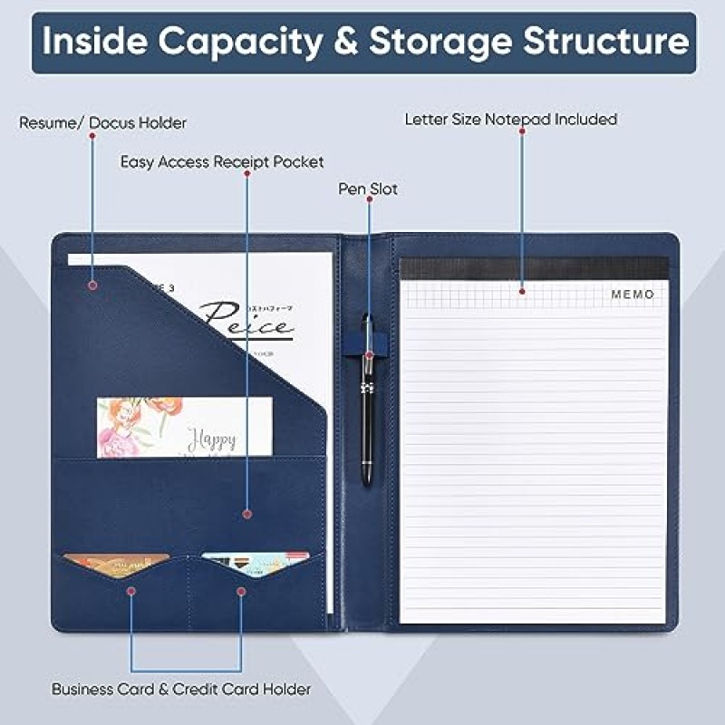 패드폴리오 포트폴리오 가죽 바인더, 인터뷰 법률 문서 정리함, 명함 홀더 포함 레터 사이즈 필기 패드 [블루, 피아노 느와르 인조 가죽 무광 마감]