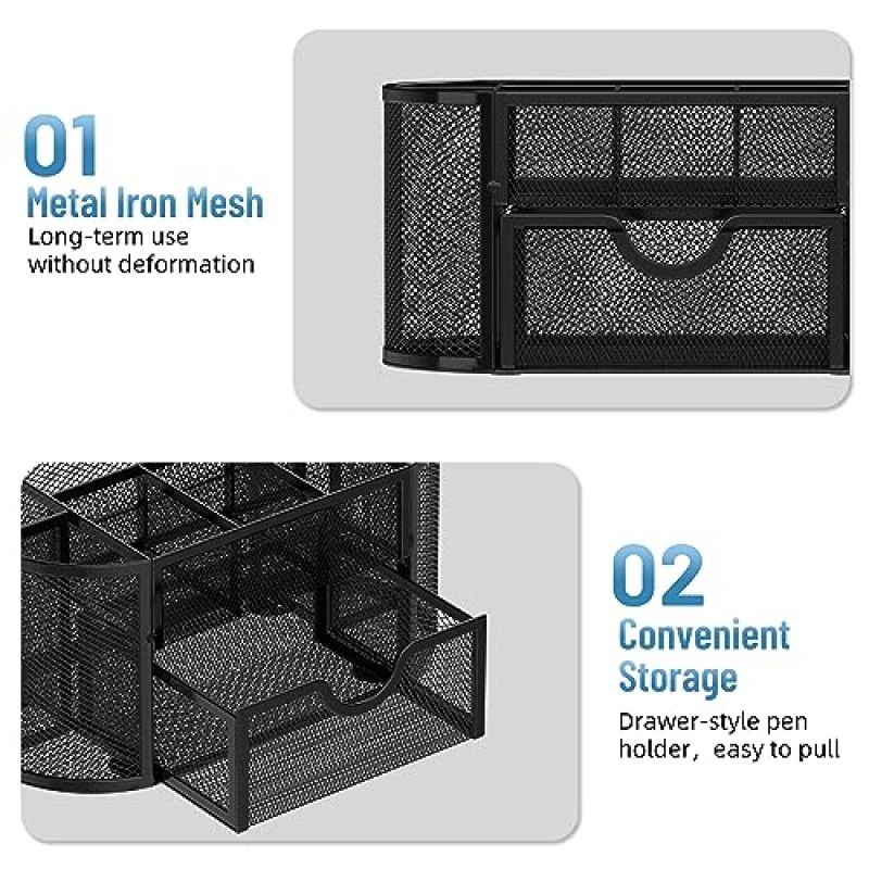 SUPEASY 소형 금속 책상 정리함(서랍, 책상 액세서리 및 작업 공간 정리함), 사무용 필수품을 보관할 수 있는 9개의 칸이 있는 고정 정리함, 8.6 x 4.3 x 4.1인치, 검정색