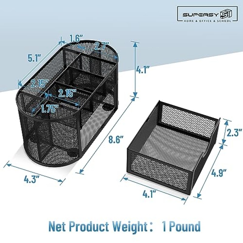 SUPEASY 소형 금속 책상 정리함(서랍, 책상 액세서리 및 작업 공간 정리함), 사무용 필수품을 보관할 수 있는 9개의 칸이 있는 고정 정리함, 8.6 x 4.3 x 4.1인치, 검정색