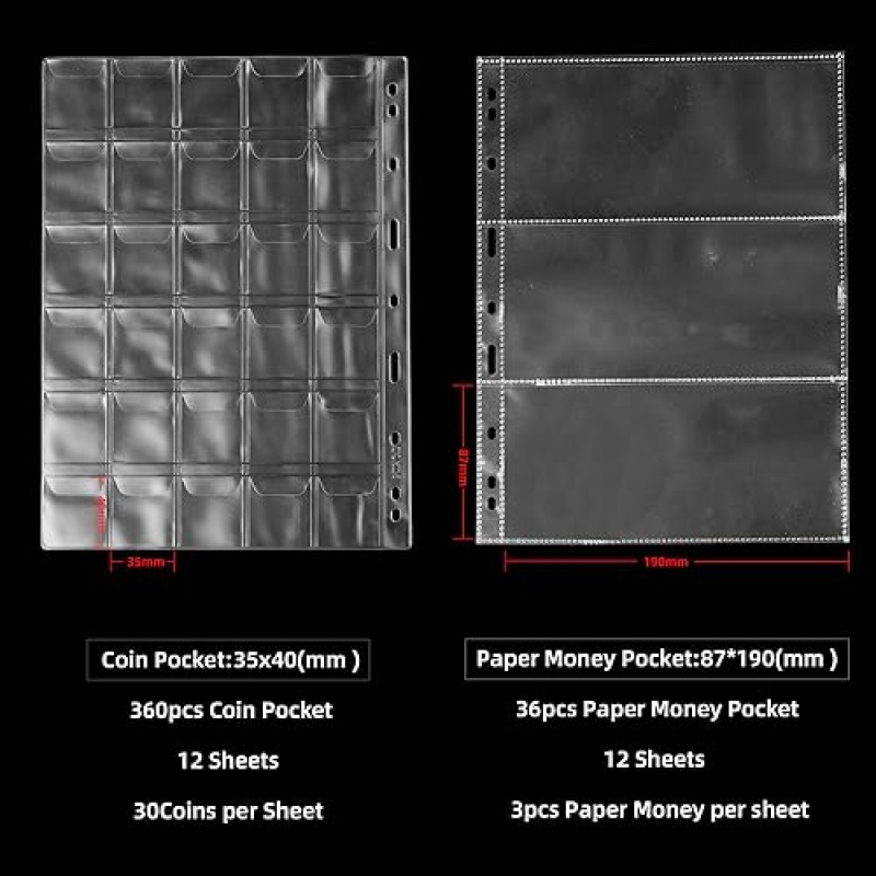 수집가를 위한 내화 동전 수집 도서 홀더, 360 포켓 동전 수집 앨범 및 36 슬리브 동전 통화 수집 용품, 빌, 페니, 쿼터, 우표용 돈 보관 케이스
