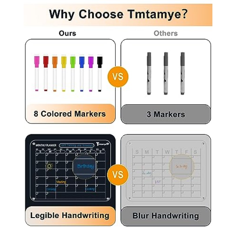 냉장고용 아크릴 자석 달력, 8가지 컬러 마커와 수건이 포함된 냉장고용 월간 달력의 투명 아크릴 자석 건조 지우기 계획 보드