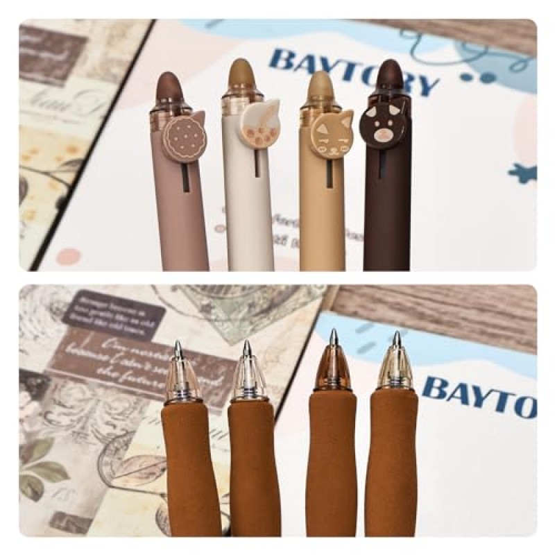 BAYTORY 8Pcs 귀여운 개폐식 지울 수있는 젤 펜, 지우개가있는 파란색 및 검정색 잉크 펜 명확하고 부드러운 쓰기 메모 작성에 사용하기 편리함 마킹 플래너 크로스 워드 퍼즐 (커피)