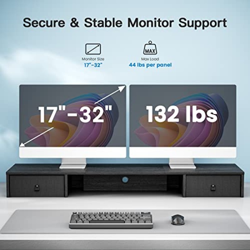 서랍 2개가 있는 HUANUO 듀얼 모니터 스탠드, 모니터 2개용 모니터 라이저, 초대형 스토리지, 다기능 데스크탑 정리함, 책상, 노트북, PC, TV, 프린터용 컴퓨터 모니터 스탠드