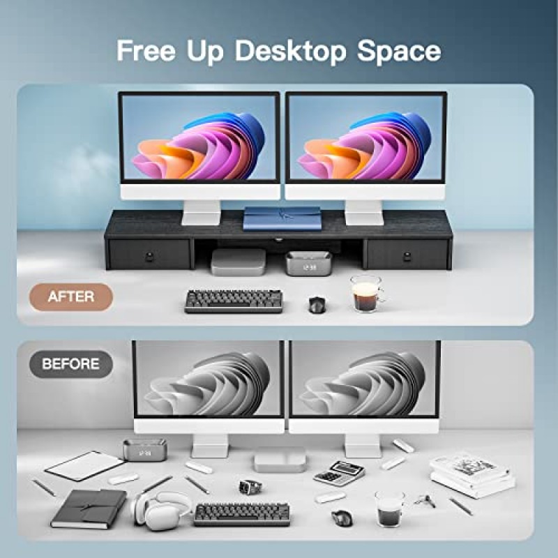 서랍 2개가 있는 HUANUO 듀얼 모니터 스탠드, 모니터 2개용 모니터 라이저, 초대형 스토리지, 다기능 데스크탑 정리함, 책상, 노트북, PC, TV, 프린터용 컴퓨터 모니터 스탠드