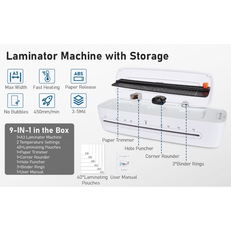 라미네이터 13인치 A3 라미네이터 기계, 9 in 1 데스크탑 열 라미네이터 용지 걸림 방지 라미네이팅 파우치 40개, 종이 트리머 및 코너 라운더, 1분 빠른 워밍업 홈 오피스 학교용, 퓨어 화이트