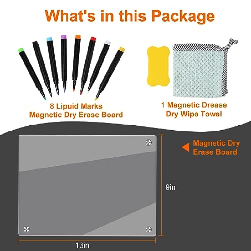 냉장고용 아크릴 자석 건식 지우기 보드, 투명 메모 보드 냉장고용 13인치x9인치 건식 지우기 마커 8개 포함