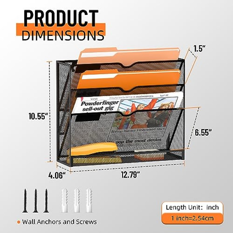 SUPEASY 4단 벽 파일 정리함 종이, 폴더, 파일 클립보드 및 잡지 정리용 벽 파일 홀더 걸이용 사무실 홈, 블랙