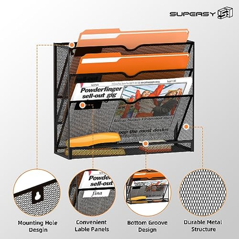 SUPEASY 4단 벽 파일 정리함 종이, 폴더, 파일 클립보드 및 잡지 정리용 벽 파일 홀더 걸이용 사무실 홈, 블랙