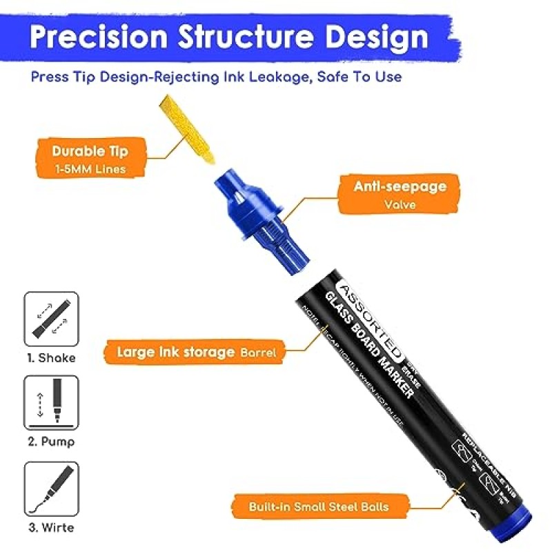 maxtek 건식 지우기 마커 끌 팁, 다양한 색상, 건식 지우기 보드용 유리 화이트보드 마커, 아크릴 기획 보드, 거울, 창문, 교실 필수품, 8개