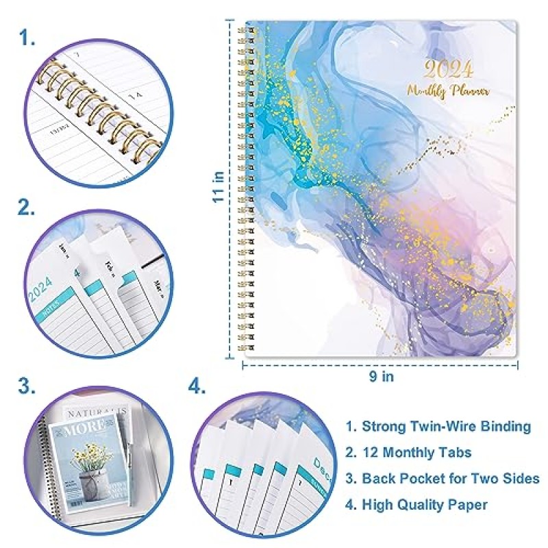 2024 월간 플래너 - 2024년 1월부터 2024년 12월까지의 12월 플래너, 8.75' x 11', 탭이 있는 2024 캘린더 플래너, 내부 포켓