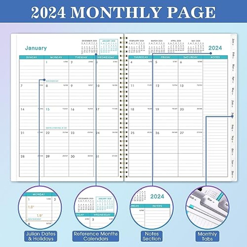 2024 월간 플래너 - 2024년 1월부터 2024년 12월까지의 12월 플래너, 8.75' x 11', 탭이 있는 2024 캘린더 플래너, 내부 포켓