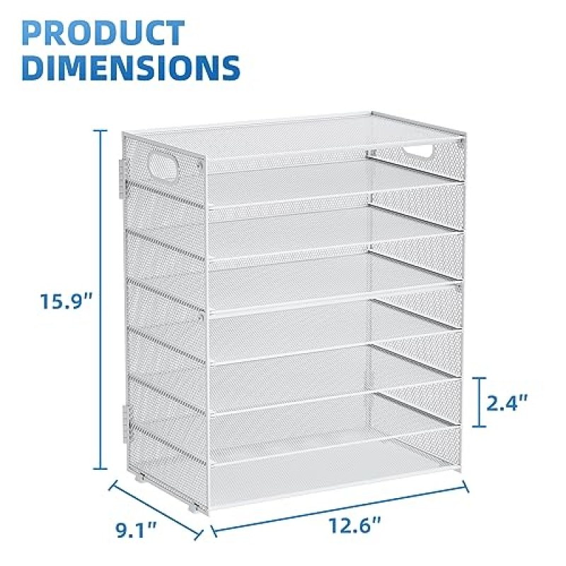 Marbrasse 종이 정리함 편지 트레이, 손잡이가 있는 8단 메쉬 파일 정리함, 홈 사무용품용 종이 분류기 책상 정리함 - 흰색