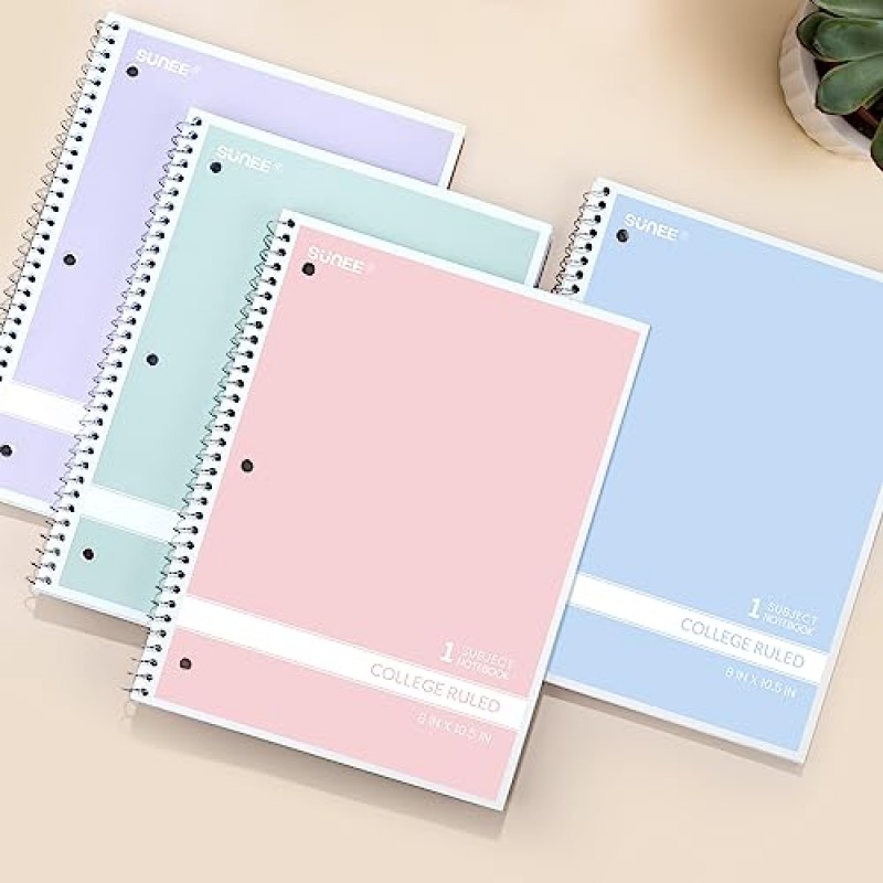 SUNEE Spiral Notebooks College Ruled, 1개 주제, 4팩, 8 x 10-1/2인치, 노트북당 70매, 3홀 천공 용지, 파스텔 핑크, 보라색, 파란색, 녹색 학교용 노트북, 가정 및 사무실, 글쓰기 저널