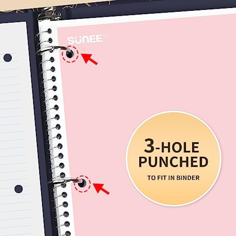 SUNEE Spiral Notebooks College Ruled, 1개 주제, 4팩, 8 x 10-1/2인치, 노트북당 70매, 3홀 천공 용지, 파스텔 핑크, 보라색, 파란색, 녹색 학교용 노트북, 가정 및 사무실, 글쓰기 저널