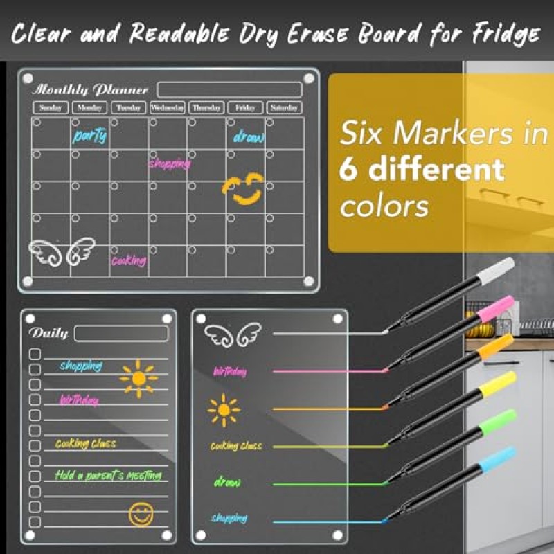 DIYMAG 4Pcs 냉장고용 아크릴 자기 건조 지우기 달력, 투명 아크릴 달력 계획 보드 세트 6개의 하이라이트 마커가 있는 냉장고용 자기 주간 월간 플래너 메뉴