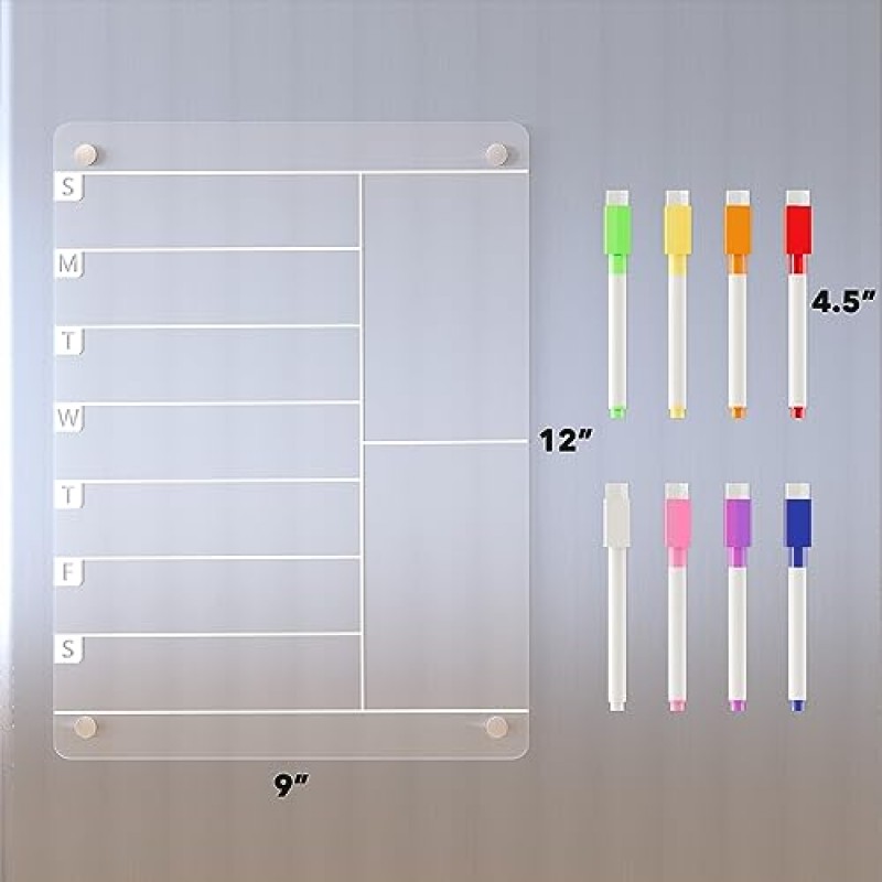 주방 냉장고용 Neatsure 아크릴 마그네틱 메뉴 보드, 냉장고용 주간 식사 계획표 지우기 건조 지우기 보드 달력, 할 일/식료품/쇼핑 목록/잡일 차트/메모, 마커 8개 포함, 12