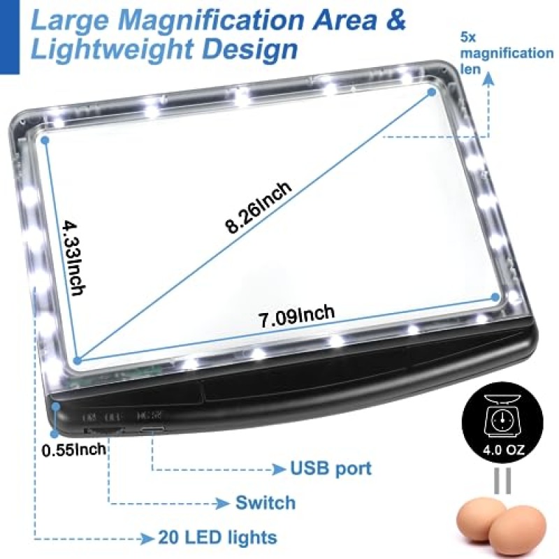 Tobegiga 독서용 충전식 5X 돋보기, 밝기 조절이 가능한 전체 페이지 돋보기, 근접 작업용 조명이 있는 경량 휴대용 돋보기, 책, 신문, 노인용 인쇄물