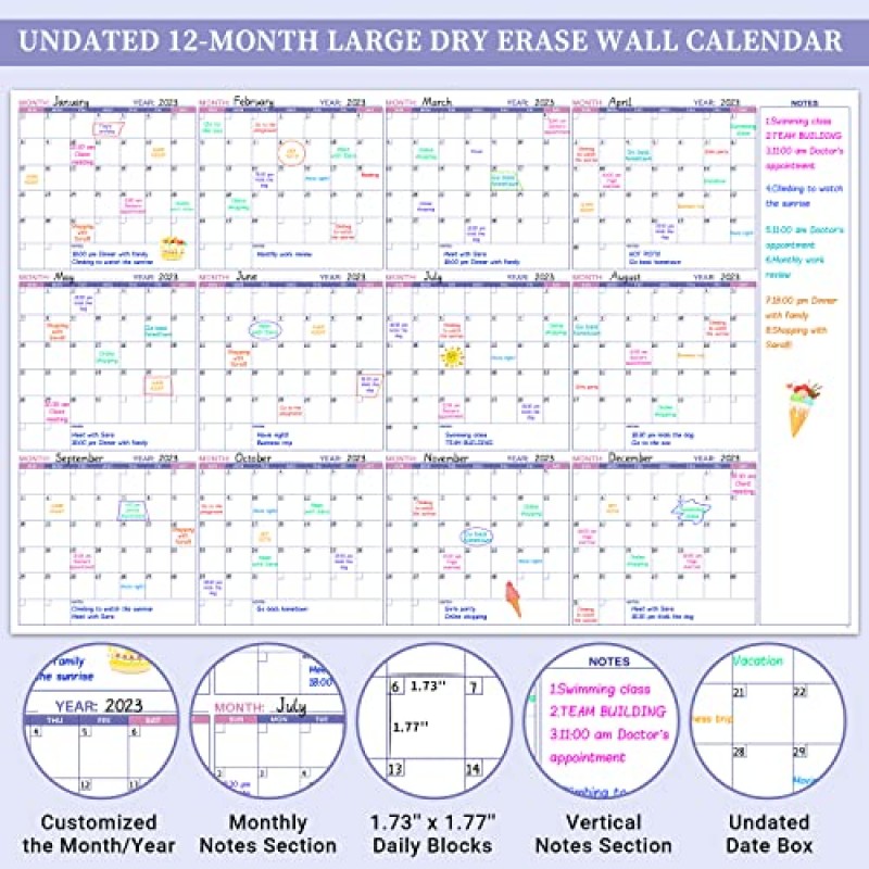 벽용 대형 건식 지우기 달력 - 날짜가 없는 연간 벽 달력 건식 지우기, 37