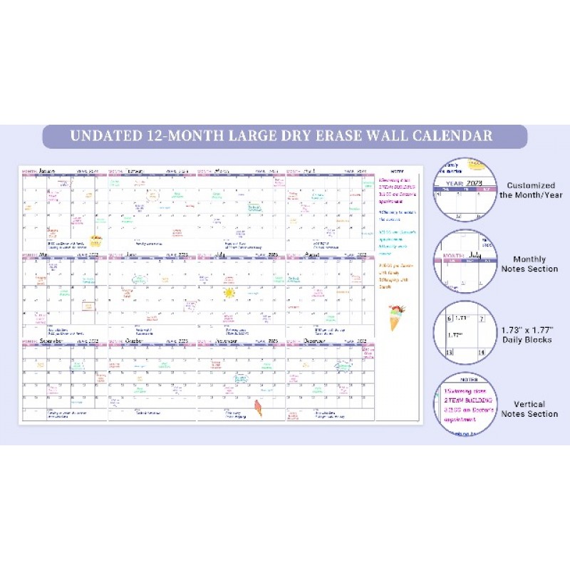벽용 대형 건식 지우기 달력 - 날짜가 없는 연간 벽 달력 건식 지우기, 37