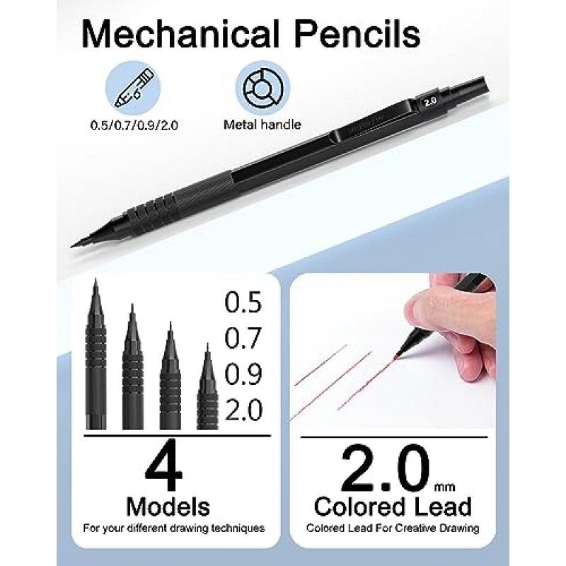 Nicpro 35PCS 블랙 메탈 샤프 펜슬 세트, 아트 제도 연필 0.5, 0.7, 0.9mm & 3PCS 20개의 튜브 리드 리필이 있는 드로잉 스케치용 2mm 흑연 리드 홀더(6B 4B 2B HB 2H 4H 색상)