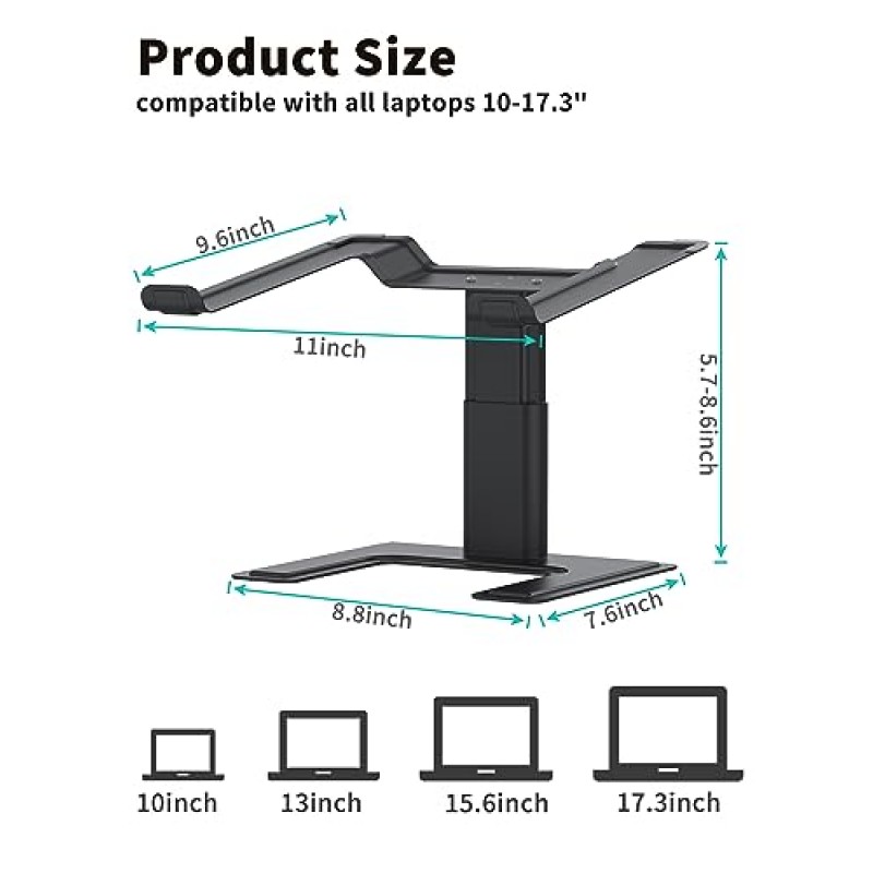 책상용 ALASHI 노트북 스탠드, 높이 조절이 가능한 컴퓨터 스탠드, 인체공학적 노트북 노트북 라이저, 10~17.3인치 노트북 PC 컴퓨터와 호환되는 알루미늄 금속 홀더, 검정색