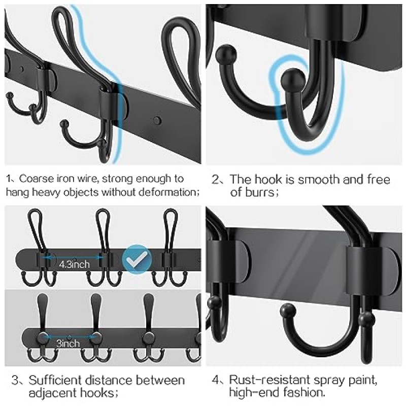 CoziPlan 코트 랙 벽걸이형, 견고한 트라이 후크 4개 코트 모자 수건 지갑 가운 머드룸 욕실 출입구용 넓은 공간을 갖춘 모든 금속 구조물(매트 블랙, 2팩)