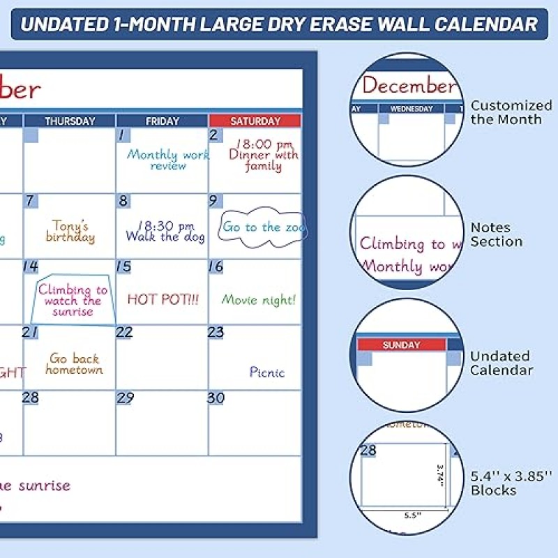 벽용 대형 건식 지우기 달력 - 날짜가 없는 1개월 벽 달력, 40' x 28', 지울 수 있고 재사용이 가능한 적층 달력(10개의 원형 스티커 포함), 사무실, 학교, 가정을 위한 충분한 공간을 갖춘 대형 달력
