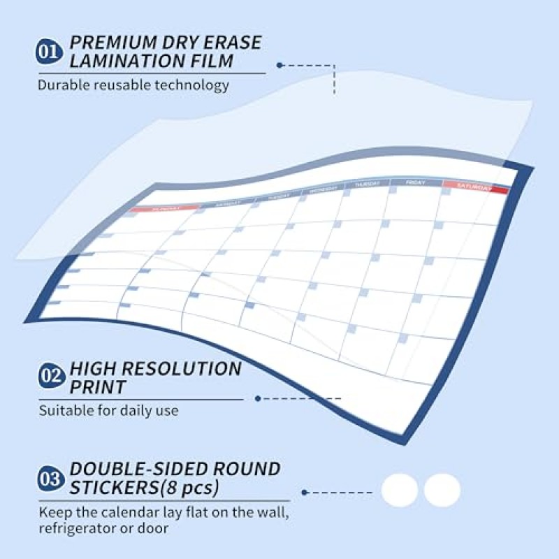 벽용 대형 건식 지우기 달력 - 날짜가 없는 1개월 벽 달력, 40' x 28', 지울 수 있고 재사용이 가능한 적층 달력(10개의 원형 스티커 포함), 사무실, 학교, 가정을 위한 충분한 공간을 갖춘 대형 달력