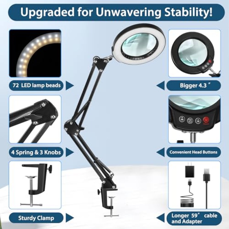 MagnieOpti 10X 돋보기(라이트 및 클램프 포함), 5가지 색상 모드 무단조광 가능 실제 유리 조명 돋보기, 페인팅 공예용 핸즈프리 LED 돋보기 책상 램프 마감 작업 독서 수리