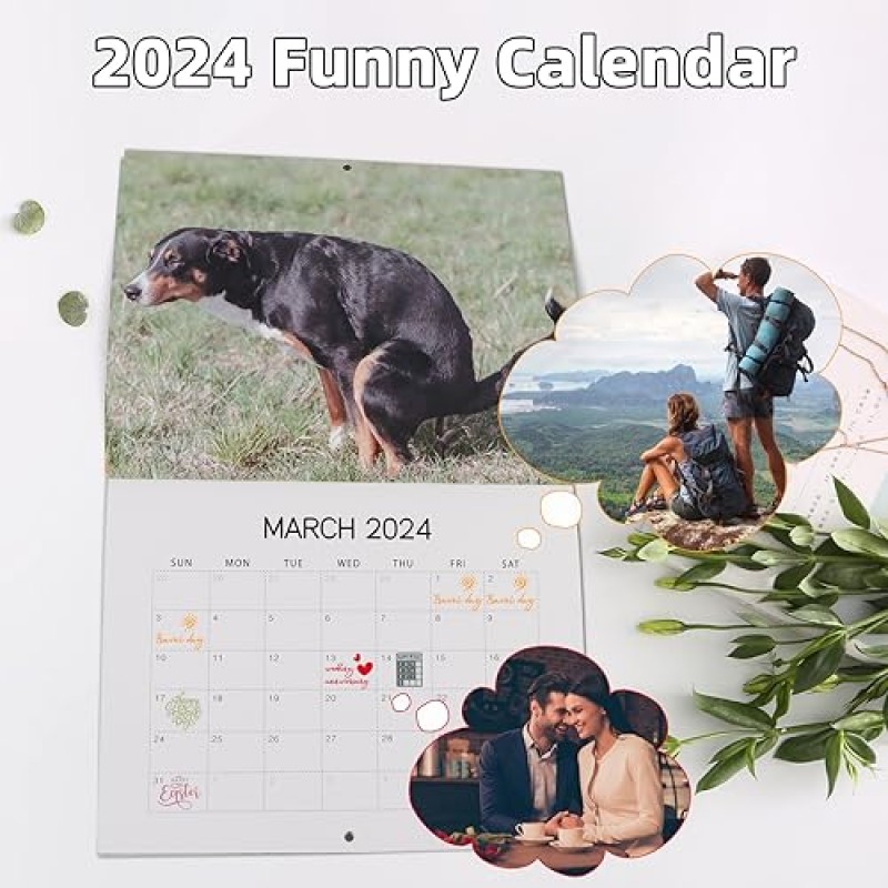 2024 Calander丨Dogs Pooping in Beautiful Places Calendar 2024 벽걸이 달력, 재미있는 벽 예술 개그 유머 선물 친구를 위한 장난 달력 (A)