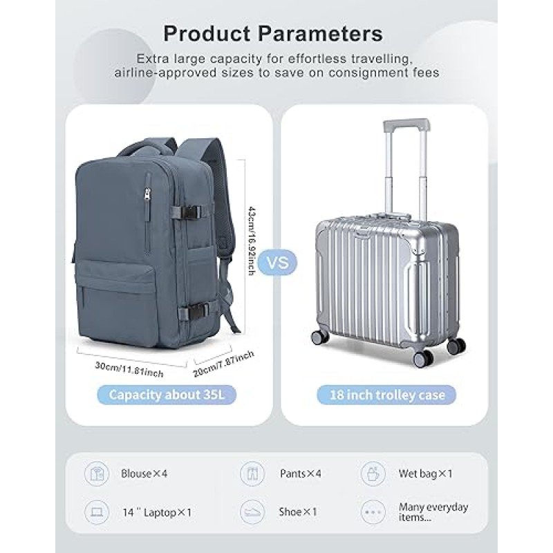VECAVE 여행용 여성용 노트북 백팩 남성용, 비행 승인 백팩, 방수 스포츠 대학 가방 주말용 캐주얼 데이팩 신발 수납공간이 있는 비즈니스 하이킹, 블루